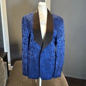 Men’s Slim Fit Blue Paisley Tuxedo Suit Jacket Shawl Lapel Wedding Size 34 NWT - Picture 1 of 10