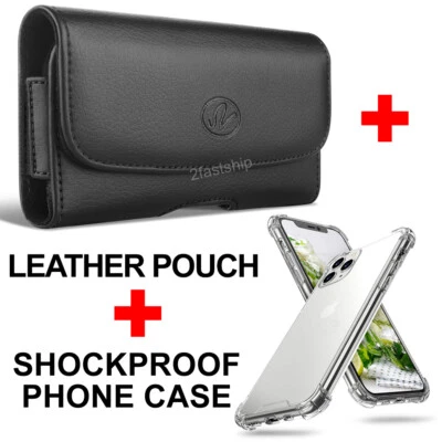 For iPhone 13 13 Pro 13 Pro Max 13 Mini Leather Belt Clip Pouch + Clear Case - Image 1 of 4