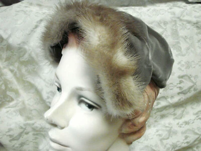 Vintage 50s Hat Cap Velvet FUR TRIM Taupe Brown Mink Clip-on GC  - Image 1 of 4