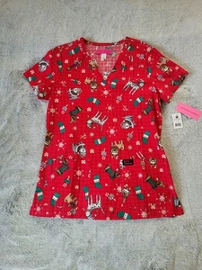 Koi Betsey Johnson Womens Sz Small Scrub Top Dog Xmas Print Nursing Medical Vet - Picture 1 of 9