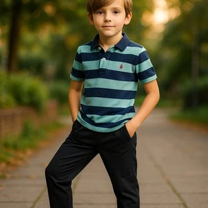 Polo Ralph Lauren Boys Shirt Sz 7 Two Tone Blue Stripe Short Sleeve Pique Knit - Picture 1 of 7