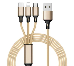 Câble Multi USB 3 en 1 Tressé et Renforcé - USB-C, Micro-USB et ltg - 1.2m GOLD - Photo 1/3