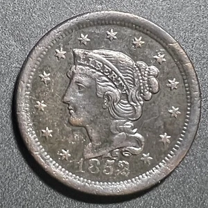 1852 BRAIDED HAIR LARGE CENT ~ DARK CHOCOLATE BROWN ~ XF W/POROSITY - Picture 1 of 2