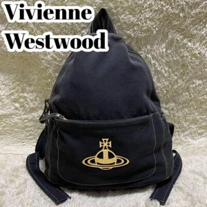 Vivienne Westwood Backpack Bag Edgeware Orb Gold Big Logo Canvas Black Very Good - Picture 1 of 9