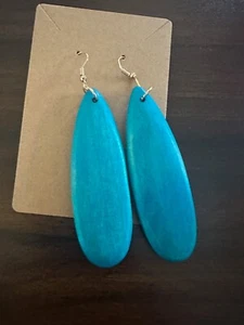 Simple Oblong Wooden Jewelry Trendy  Earrings Turquoise - Picture 1 of 2
