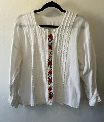 Blusa camponesa húngara bordada vintage algodão branco floral tamanho M/G - Imagem 1 de 3