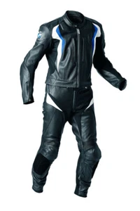 Motorcycle Suits Motorbiker Racing Black Leather White Blue Stripe Armour Sports - Picture 1 of 5