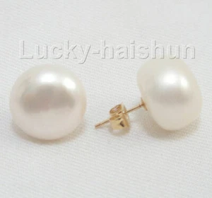 Genuine 13mm round white Freshwater pearls Earrings 14K gold stud j7584 - Picture 1 of 2