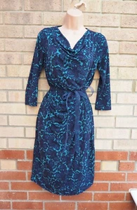 BLUE PAISLEY COWL NECK TWIST SIDE LONG SLEEVE BODYCON WINTER TEA DRESS 12 14 M L - Picture 1 of 9
