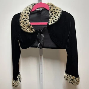 Perfectly Dressed Girls Black Velvet Faux Fur Trim Shrug Tie Closure Size S - Picture 1 of 5
