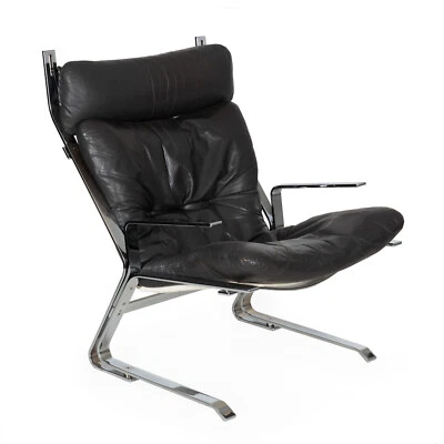 "Винтажное кожаное и хромированное кресло-шезлонг ""Pirate"" от Elsa & Nordahl Solheim" - Изображение 1 из 4
