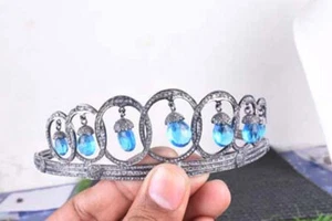 Natural Rosecut Diamond Blue Topaz Handmade Wedding Victorian Crown Tiara - Picture 1 of 4