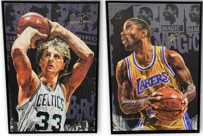 Lienzo Magic Johnson & Larry Bird autografiado a mano 30x43 Stephen Holland Foto 1 de 4