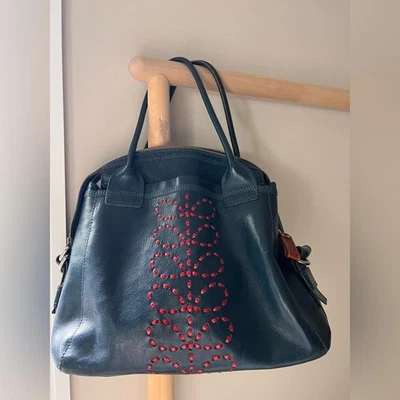 Orla Kiely Grande Cuero Azul Cartera Bolso Rojo Bordado Flor Foto 1 de 4