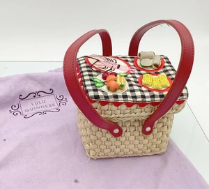 LULU GUINNESS Picnic Basket Top Handle Women's Bag Corn Husk Red Handles BO - Picture 1 of 14