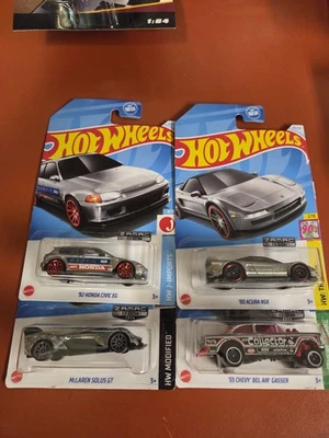 Hot Wheels Zamac 4 Car Lot Honda Civic McLaren Solus Acura NSX 55 Chevy Gasser - Image 1 of 4