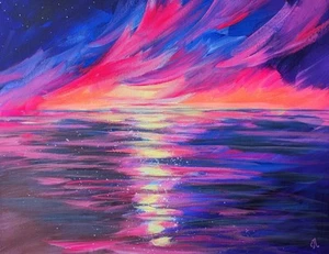 ORIGINAL Acrylic Painting On Canvas. Ocean Sunset Art. Modern Abstract Seascape - Picture 1 of 5