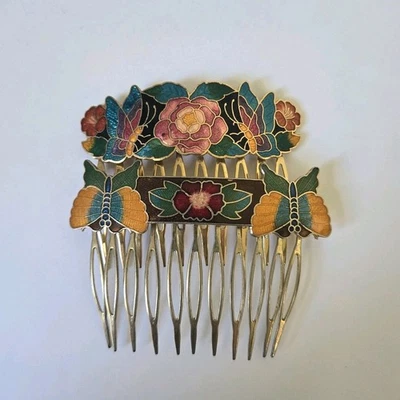 Set of 2 Vintage Cloisonné Hair Combs Colorful Enamel Floral Butterfly Gold Tone - Image 1 of 4