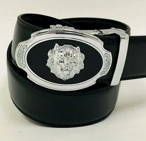 Men’s Leather belt strap Automatic sliding Silver Lion Design buckle Auto-lock - Picture 1 of 3