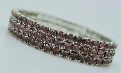 Pulsera boda moda elástica chapada en rodio estrás color púrpura 3 filas Foto 1 de 3