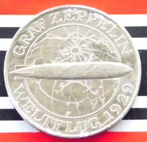 GERMAN 5 MARK REICHSMARK 1930 F Graf ZEPPELIN 1929 Silver Coin WEIMAR VERY RARE - Picture 1 of 7