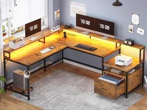 L Shaped Desk, 66" Home Office Desk with File Drawer & Power Outlet, Gaming Desk - Picture 1 of 11
