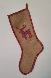 Vtg Natural Burlap Handmade Christmas Stocking Tartan Plaid Appliqued Deer - Picture 1 of 4