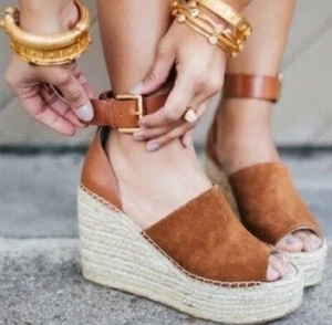 Marc Fisher Mladalyn Brown Leather Suede Platform Espadrille Wedge Sandal Sz 11M - Picture 1 of 11