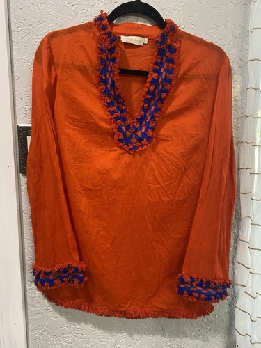 Top Tory Burch Tory tunica spacco scollo a V cotone samba arancione frange us intime ottimeioni condiz t