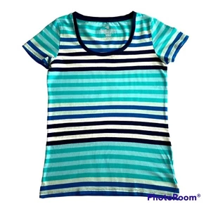 Faded Glory T-shirt Top Size XS (0-2) Women Stripe White Black Blue Green Cotton - Picture 1 of 13