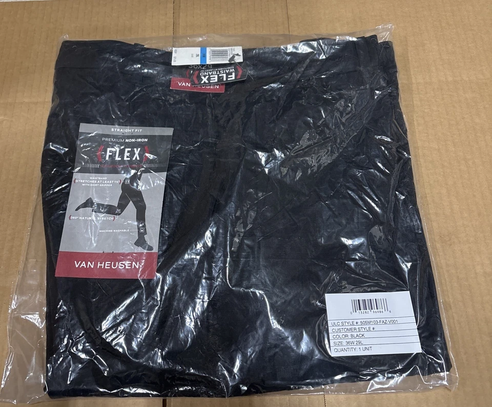 Van Heusen Flex Pant Men's Size 36w X 29l Flat Front Straight Fit Black