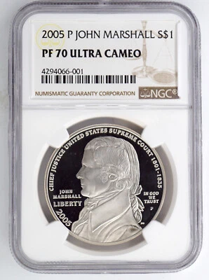 2005-P JOHN MARSHALL PROOF COMMEMORATIVE SILVER $1 NGC PF70 ULTRA CAMEO 066001 - Image 1 of 2