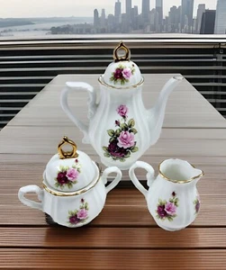 Juego de té vintage tetera azúcar crema borde dorado patrón floral juego de 3 años 50 - Imagen 1 de 4