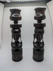 Artisan Handcrafted African Tribal Ironwood Male Female Bust Candlestick Holders - Picture 1 of 11