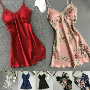 Womens Lace Satin Silk Slip Dress Sleepdress Nightdress Pajamas Robe Babydoll - Picture 1 of 31