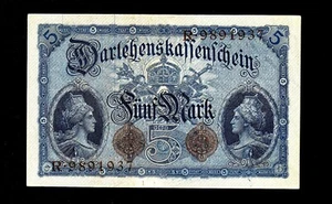 Germany Empire 1914 Kaiser WW1 5 Mark P 47 AU+UNC *  RARE ! DARLEHENSKASSENSCHEI - Picture 1 of 2