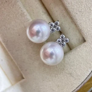 precioso par de pendientes colgantes 10-11mm mar sur redondo perla blanca 925s - Imagen 1 de 3