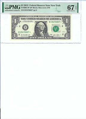 2013 $1 FRNFR3001-B* PMG 67 Gem UNC EPQ, New York * Note S/N15470667*!!! - Image 1 of 2