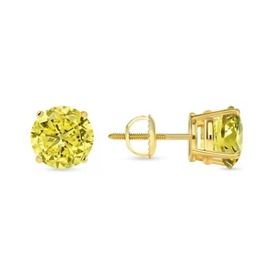 5.50 Ct Round Cut Canary Earrings Studs Solid 14K Yellow Gold Screw Back Basket - Picture 1 of 3