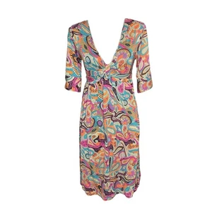 Abito vintage Lilly Pulitzer 100% seta multicolore paisley scollo a V lunghezza ginocchio 6 - Foto 1 di 7