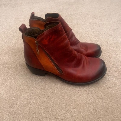 Fly London Meli Cuero Botines Cremallera Lateral Rojo Naranja Acentos EU39 US8.5 Foto 1 de 4