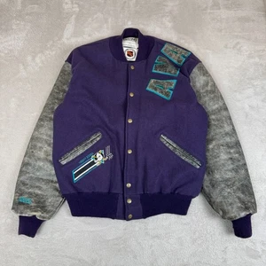 VTG Delong NHL Mighty Anaheim Ducks Jacket Mens L Purple Preowned Wool Leather - Picture 1 of 9