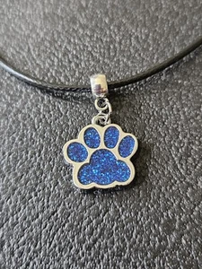 Blue Glitter Enamel Dog/Cat Paw Print Silver Necklace Leather Cord 17in - Picture 1 of 5