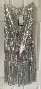 M&S Größe 6 Normal Damen Silber Pailletten Rock Quaste Fransen Party Glitzer - Bild 1 von 10