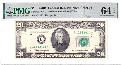 1950-D $20 FRN Chicago *STAR* PMG Choice Unc 64EPQ Rare Pop 1/1 #G11552413* - Image 1 of 2
