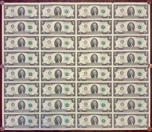 32 Note Sheet $2 Two Dollar Bills 2013 Series Uncut Currency FRN Paper Currency - Picture 1 of 4