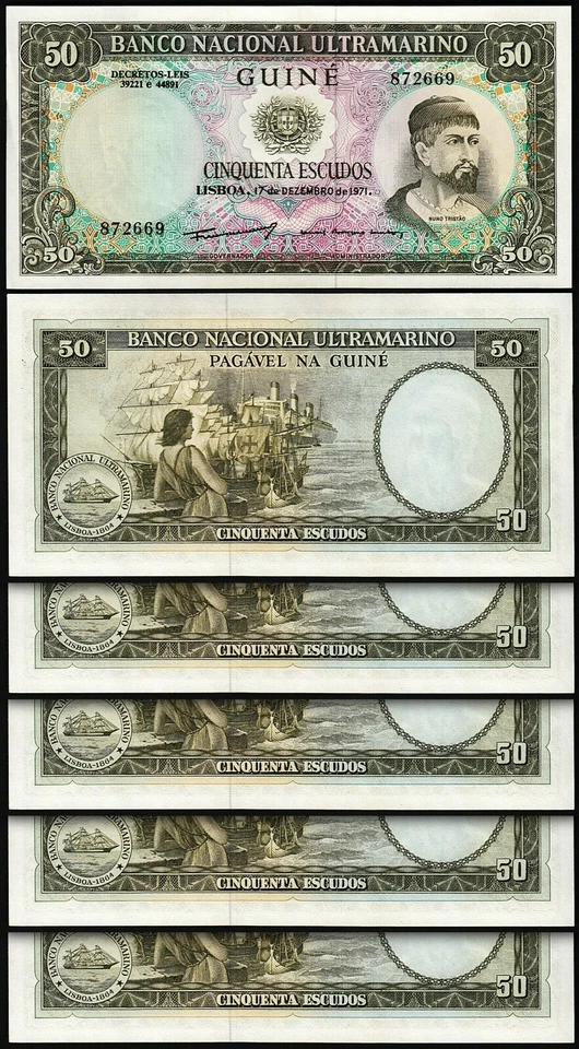 Guinea Portuguesa 50 Escudos 1971, UNC, LOTE DE 5 piezas, P-44a Foto 1 de 4