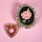 Lot Of 2 Vintage Broaches Enamel Heart And Petipoint Rose