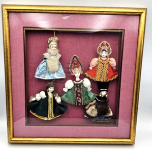 5 Russian Christmas Ornaments approx 5 Inch, Handmade Under Glass in Frame - Picture 1 of 8