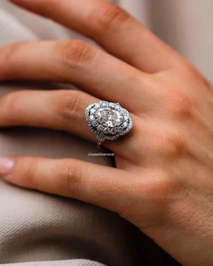 3 CT Elongated Oval Moissanite Solitaire Accent Halo Wedding Ring 14K White Gold - Picture 1 of 6